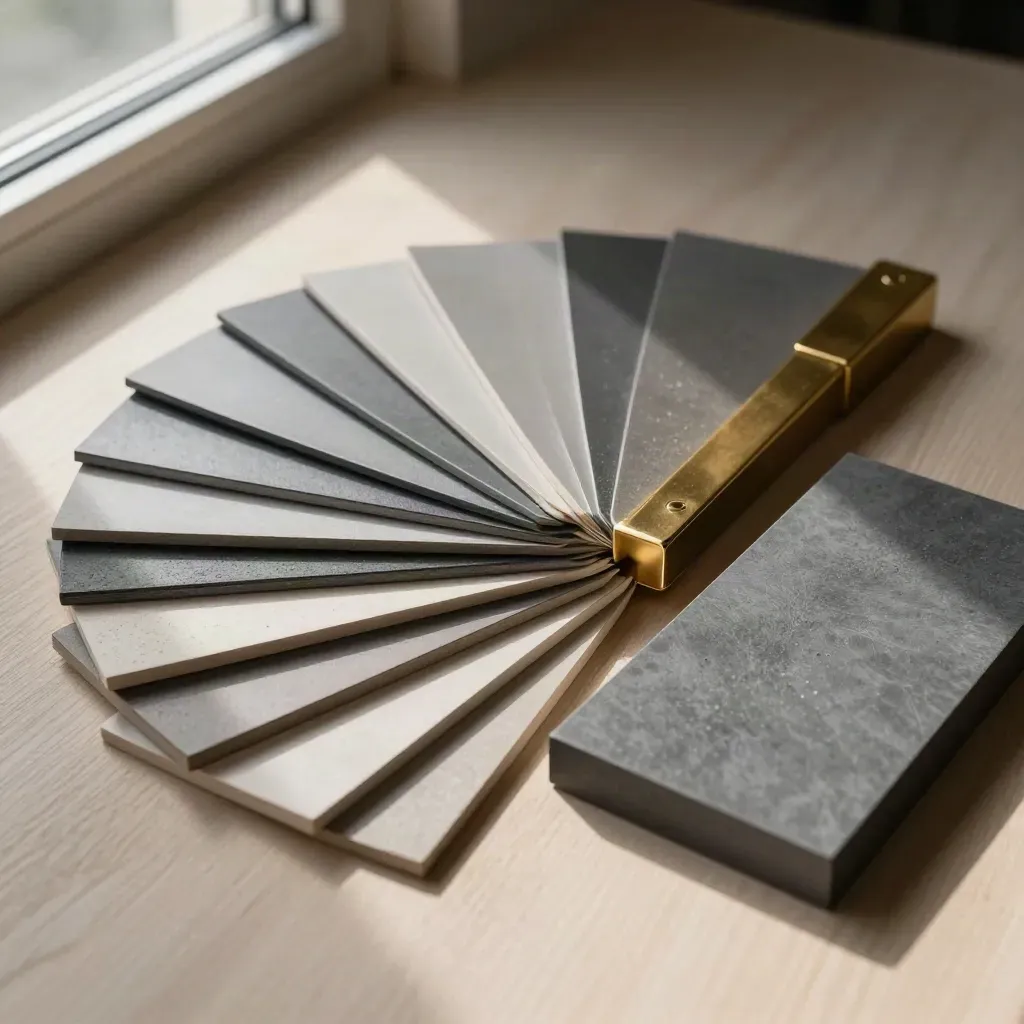 Top-down still life of material swatches, brass corners, and a graphite block on pale wood.