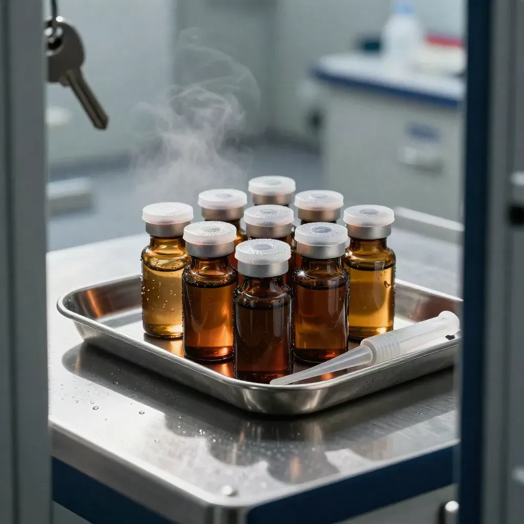 Amber vials, a steel tray, and a pipette-tip case on a cool lab surface.