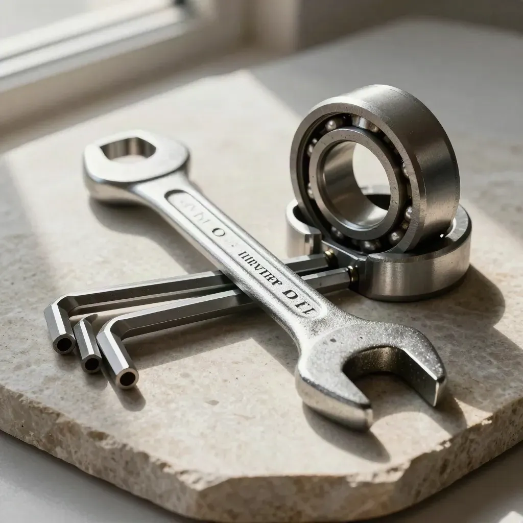 Torque wrench, hex key set, and bearing housing on stone with dramatic light