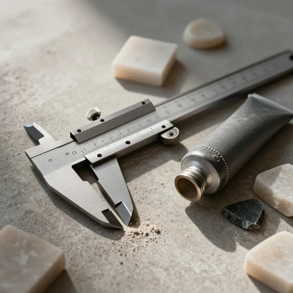Calipers, drafting tube, and stone samples on concrete in a premium macro still life.