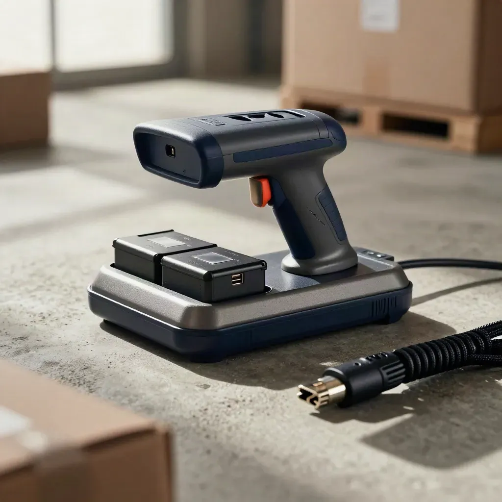 Macro of a warehouse scanner docked beside a spare battery and braided charging lead on concrete.