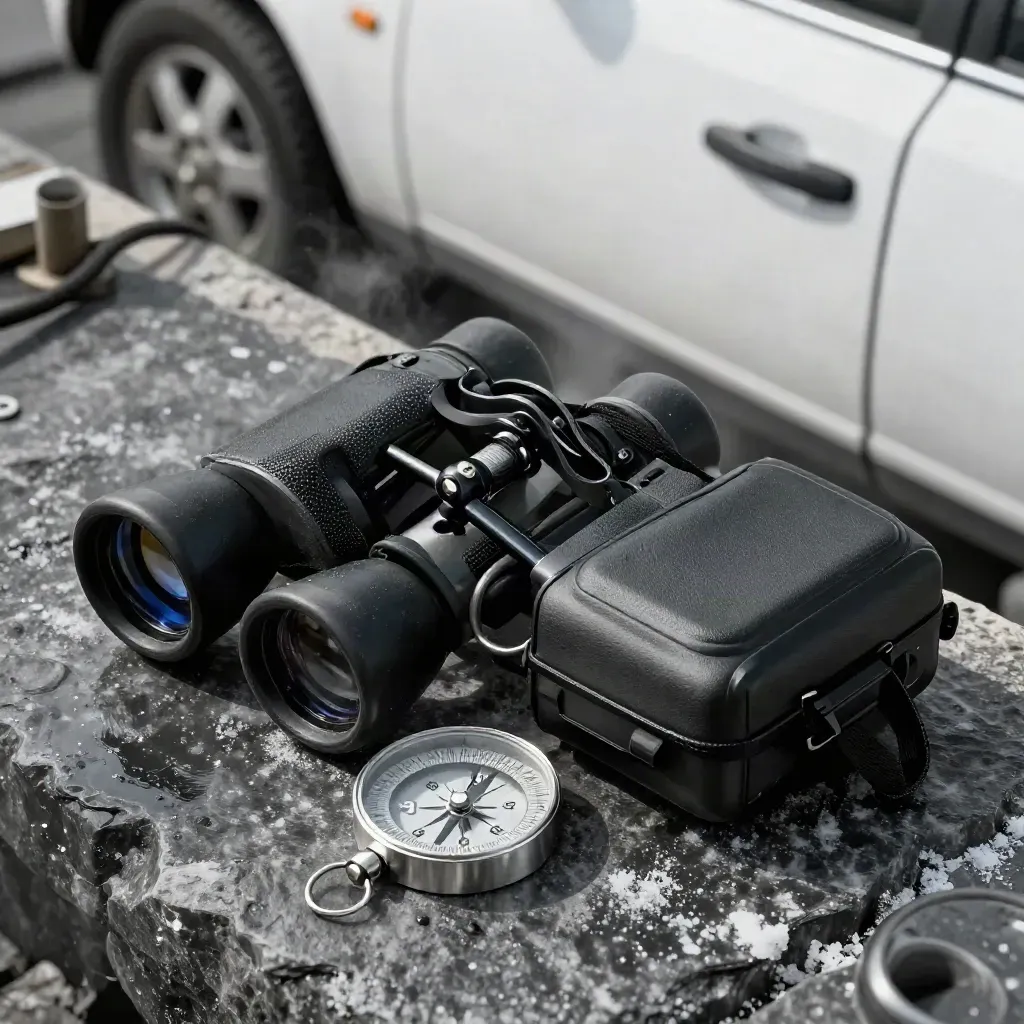 Marine binoculars, radio pack, and stainless compass on dark stone with salt mist