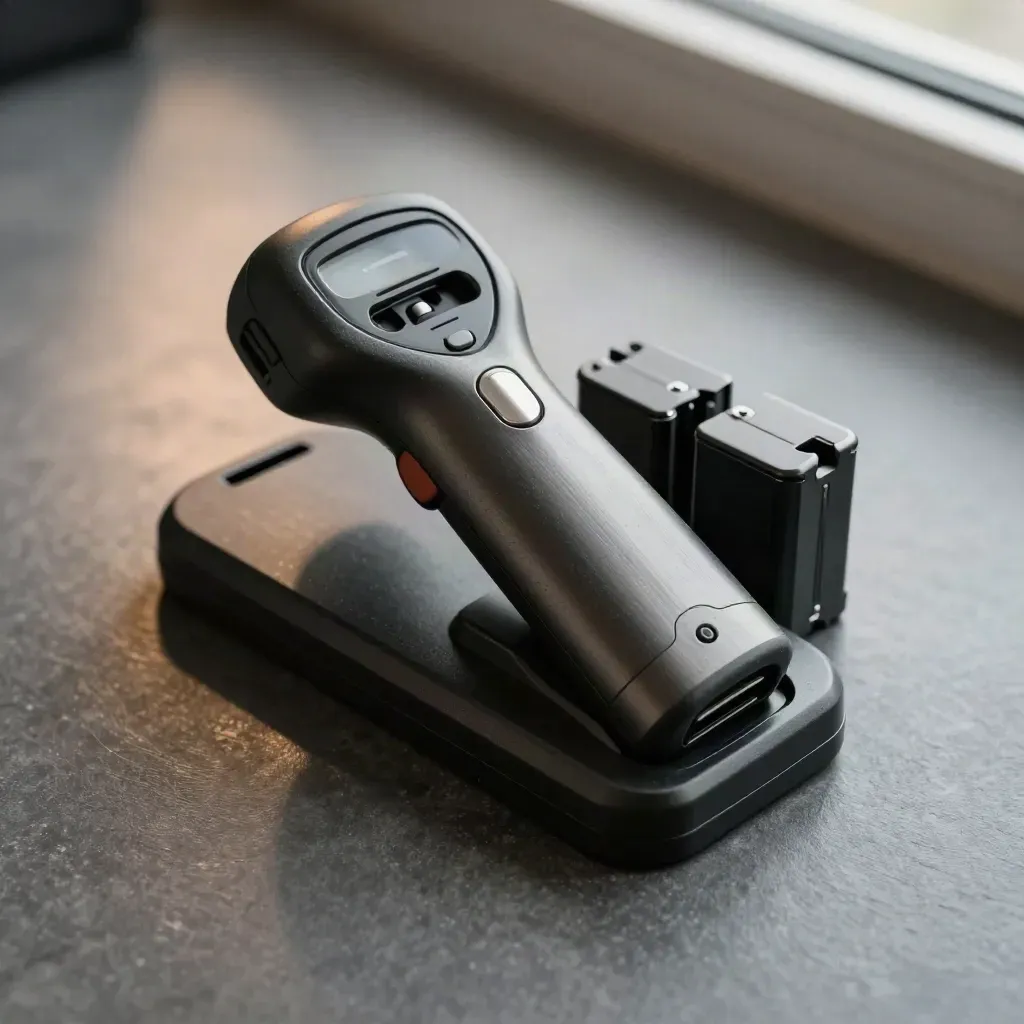 Barcode scanner in its charging cradle with two spare battery pods on graphite