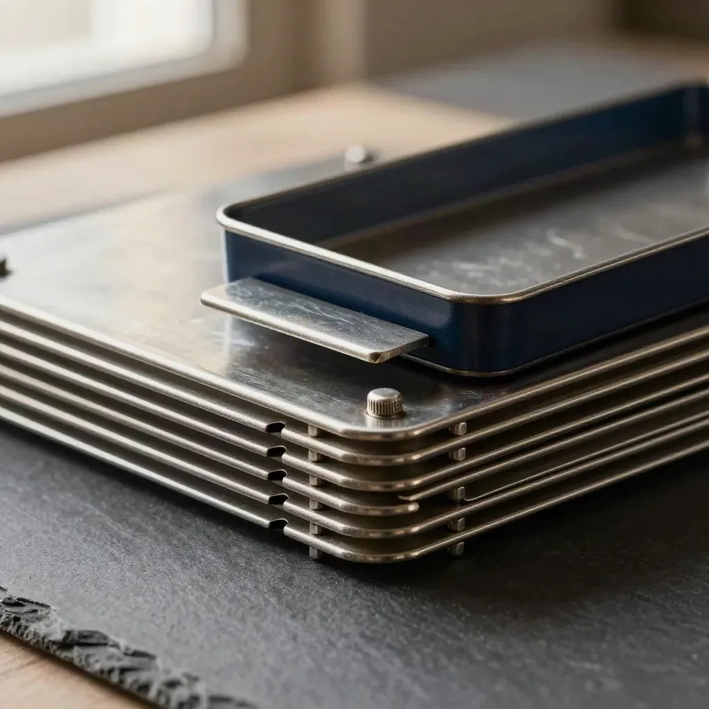 Macro of stacked metal routing trays with divider tabs and a stop pin on graphite.