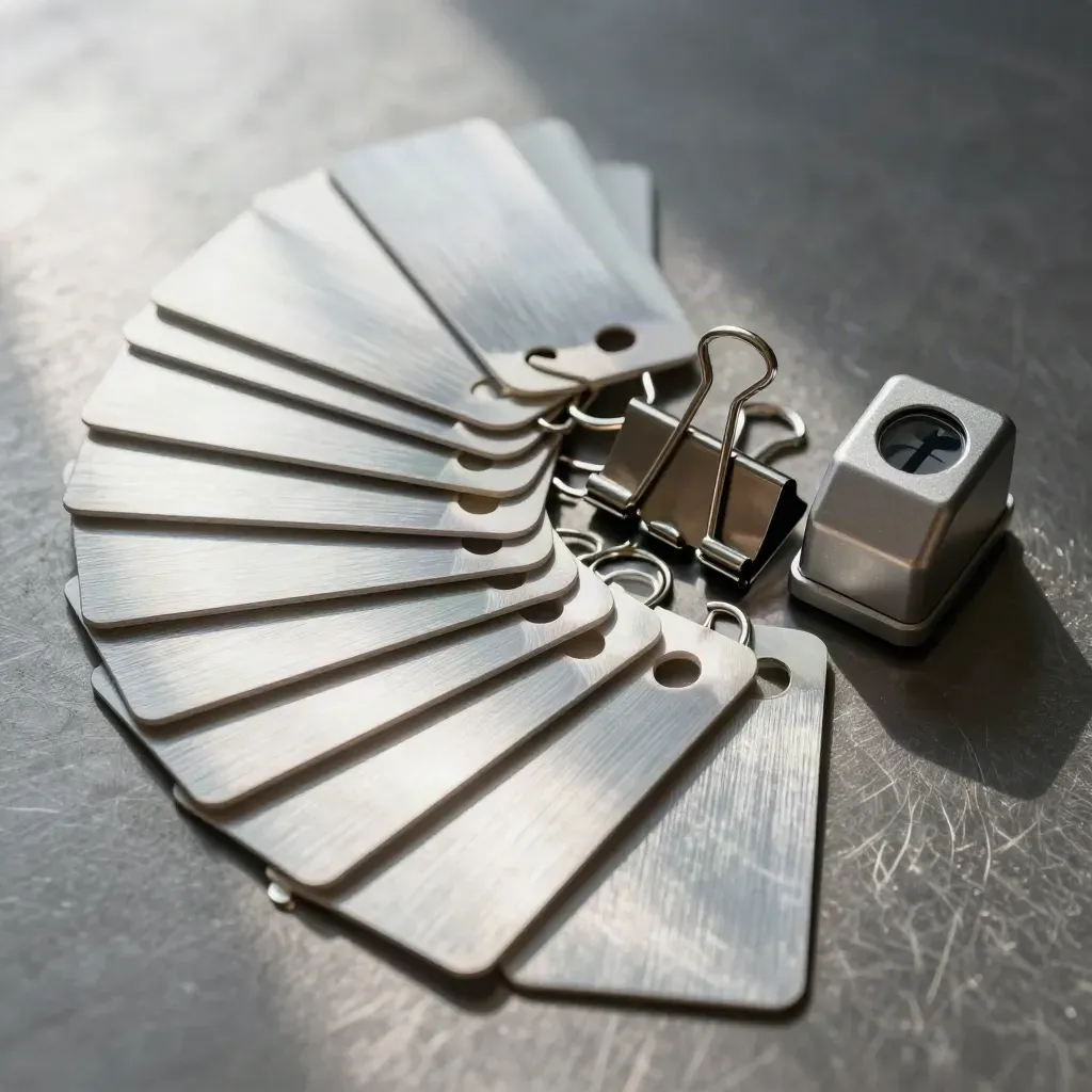 Top-down macro of aluminum job tags, binder clips, and a tally counter on brushed steel