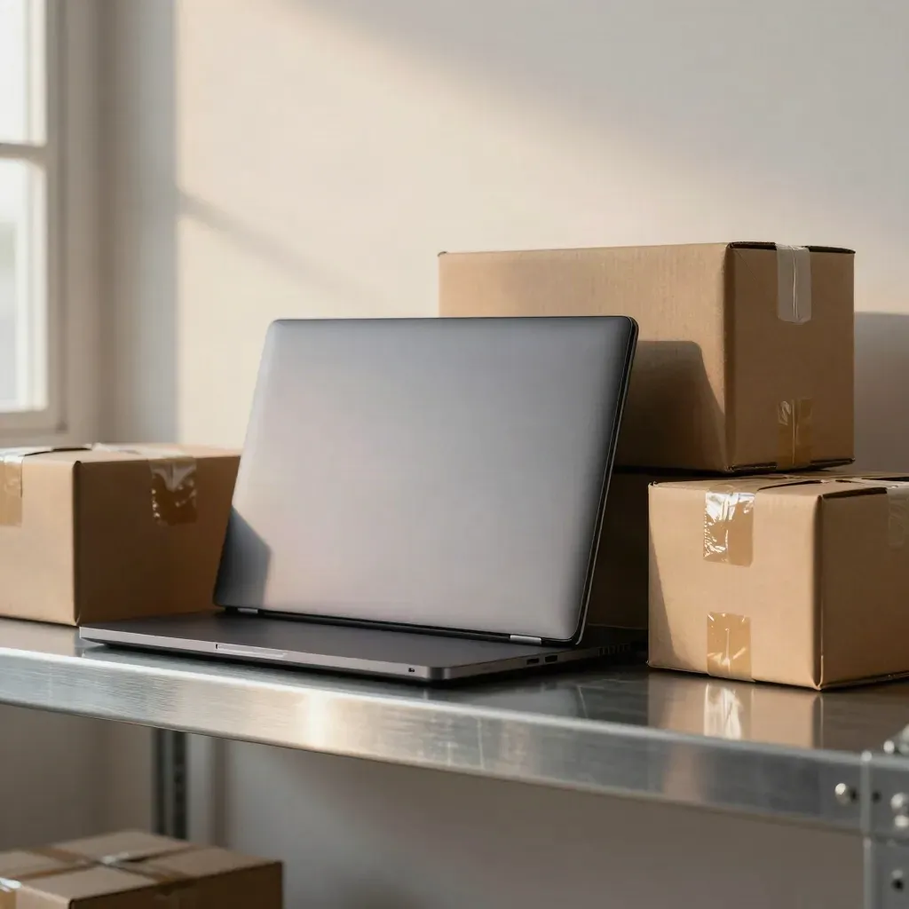 Closed ultrabook, prototype enclosure, and shipping cartons on a shelf, seen through foreground shelving.