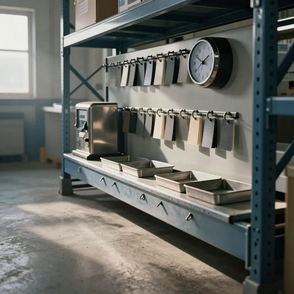 Punch clock, key-tag rail, and clip trays in a hazy warehouse aisle.
