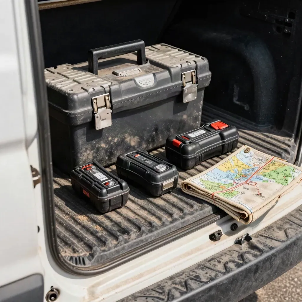 Toolbox, batteries, socket set, and folded map case on a van tailgate