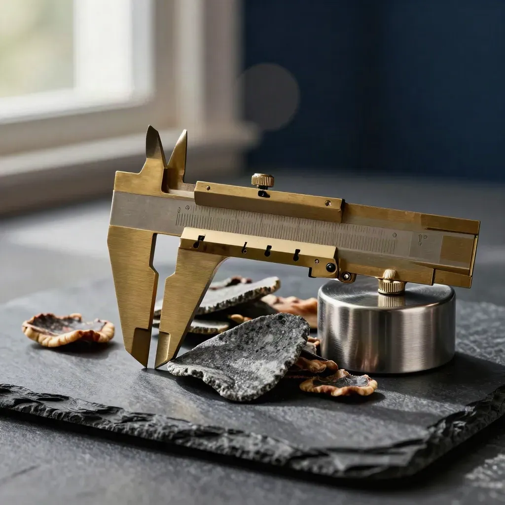 Brass caliper with leaning material chips and a brushed paperweight on a dark stone surface.