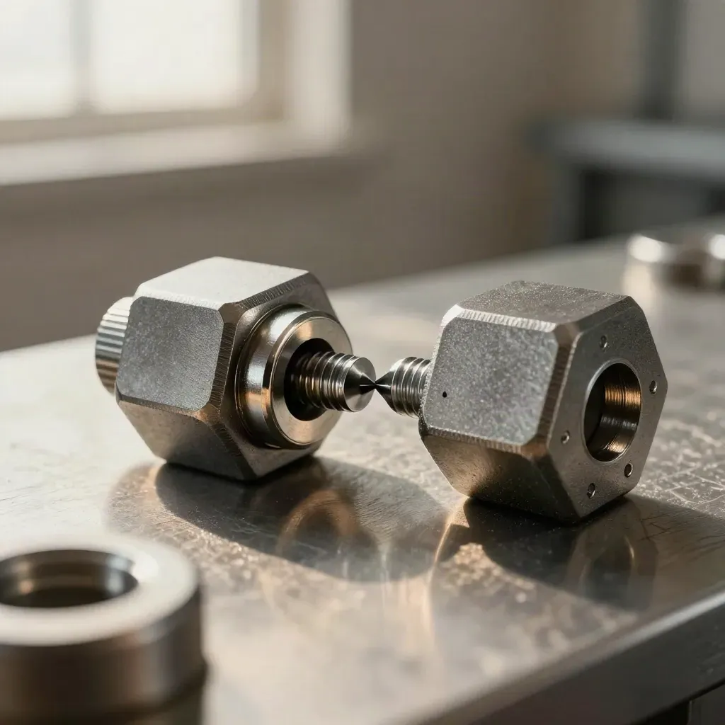 Macro of steel couplers and alignment pins meeting on a brushed metal plate.