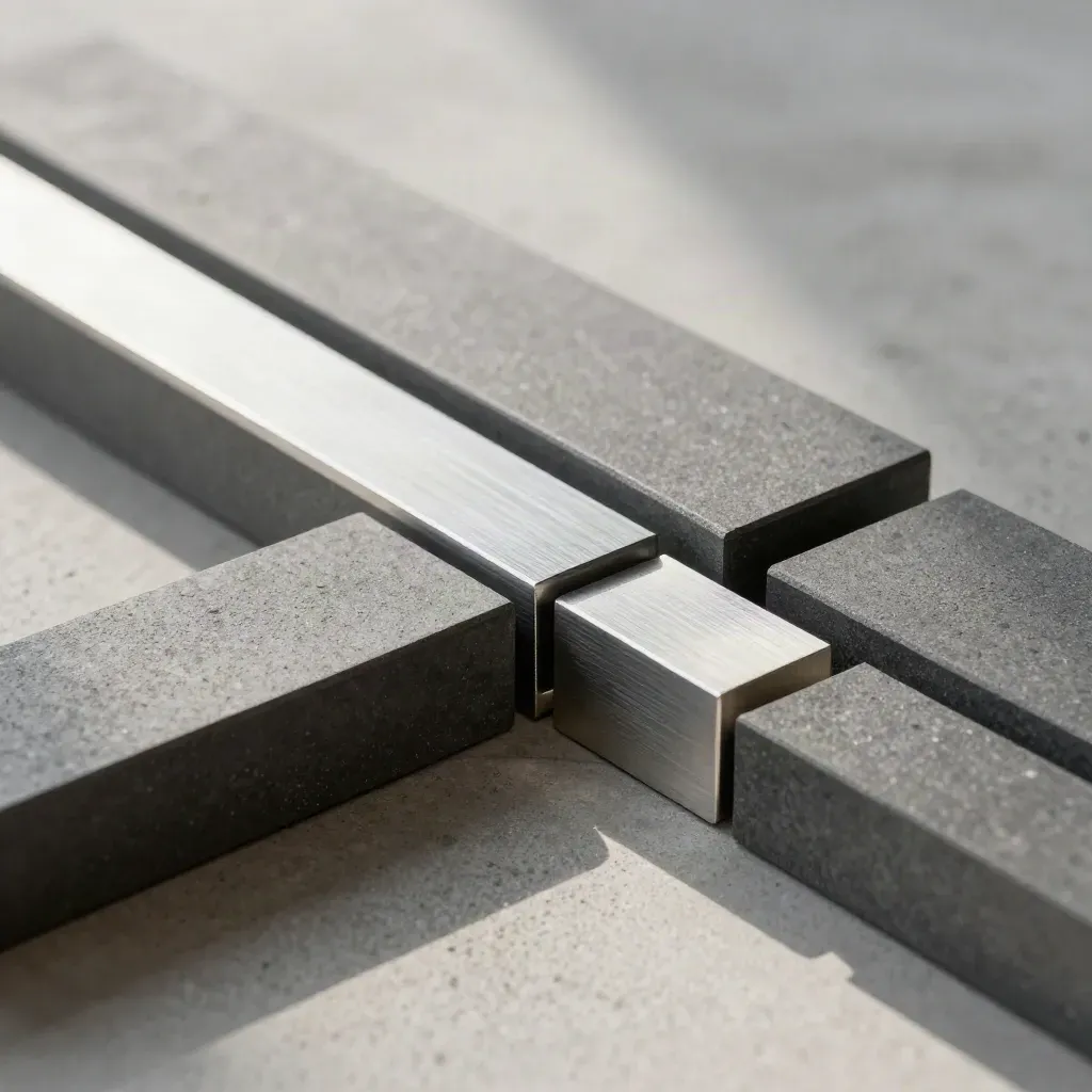 Overhead graphite blocks and aluminum bridge on pale concrete in dramatic studio light.