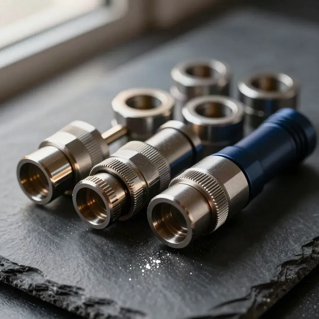 Precision metal connectors and lock rings linked on slate with a deep navy accent