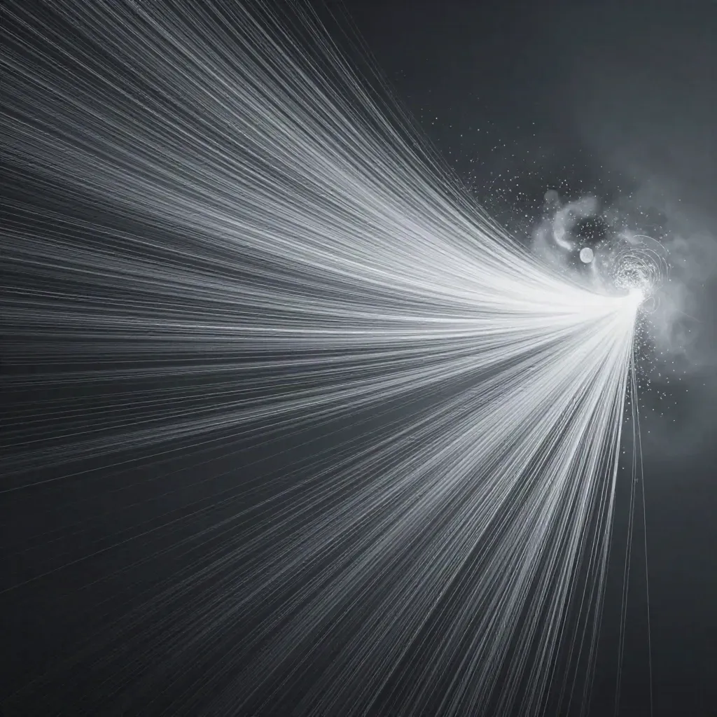 Abstract silver filaments converge into a soft white bloom in dark graphite haze.